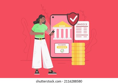 Online banking services modern flat concept. Woman paying invoice using mobile app with secure access. Bank client makes transactions. Vector illustration with people scene for web banner design