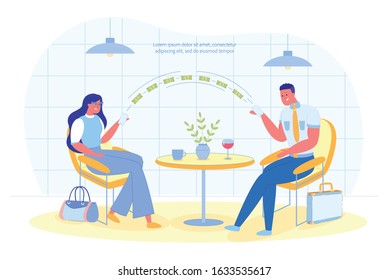 Online Banking Services, Vector Illustration. Colleagues had Lunch Together in Restaurant and want to Split Bill into two. They Use Bank Application on Phone to Transfer Money to Another.