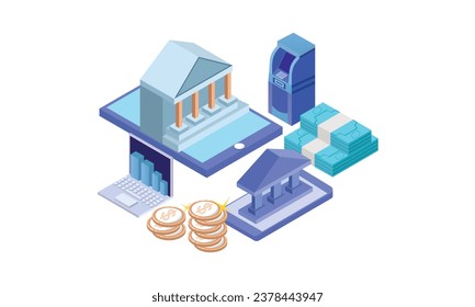 servicios bancarios en línea.sobre fondo blanco.Diseño 3D.diseño vectorial isométrico Ilustración.