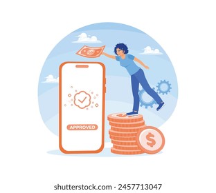 Online banking services. Women making online payments with cash. Online Payment concept. Flat vector illustration.