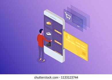 Online Banking And Shoping, Mobile Payments,  Transfer Money Isometric Concept. Vector Illustration.