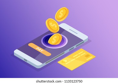 Online Banking And Shoping, Mobile Payments,  Transfer Money Isometric Concept. Vector Illustration.