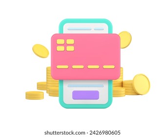 Online banking shopping credit debit card payment smartphone application 3d icon realistic vector illustration. Internet pay e money transaction transfer mobile phone financial purchase technology