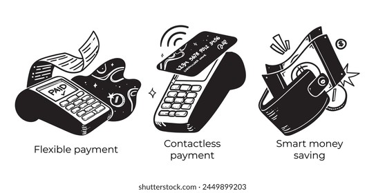 Online banking, smart wallet payment technology and digital pay service - set of business concept illustrations. Visual stories collection.