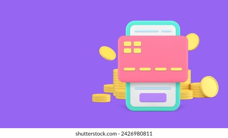 Online banking smartphone app card shopping payment banner with copy space 3d icon realistic vector illustration. Internet bank cyberspace paying digital e money transaction mobile phone application