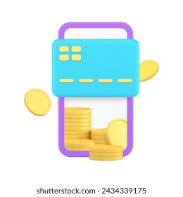 Online banking smartphone application card with coin cashback 3d icon realistic vector illustration. Money refund commercial business financial bonus for cashless shopping payment mobile phone app