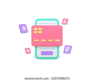 Online banking smartphone application credit debit card payment service 3d icon realistic vector illustration. Internet shopping financial paying e money transfer mobile phone purchase transaction