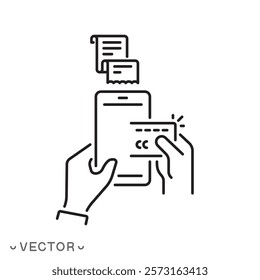 online banking in smartphone application icon, transfer receipt, money transfer mobile phone thin line symbol concept isolated on white background, editable stroke eps 10 vector illustration