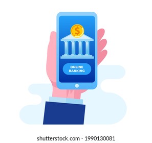 Banca en línea con smartphone. Tecnología digital. ilustración de página de inicio de página web vector diseño plano 