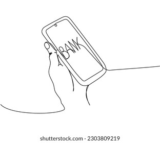 Online banking, smartphone in hand, bank one line art. Continuous line drawing of bank app, money, finance, financial, payment, data, savings, economic, wealth, credit