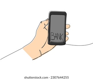 Online banking, smartphone in hand, bank color, colored one line art. Continuous line drawing of bank app, money, finance, financial, payment, data, savings, economic, wealth, credit