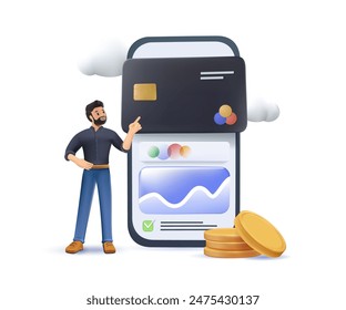 Online banking, super app. Finance bank app on smart phone 3D illustration. E wallet application. Customer using mobile money application for online payment, card transaction and bill pay. 3D vector