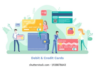 Sistema bancario en línea vector, tarjeta de crédito y débito de personas. Cartera con dinero, cuentas seguras con candado. Usuarios de bancos con activos financieros