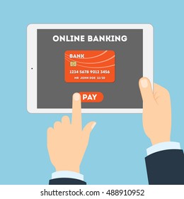 Online-Banking mit Tablet. Hände mit weißer Tablette. Online-Banking mit Kredit- oder Debitkarte. E-Commerce.
