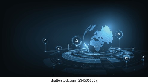 Online banking technology concept. Isometric illustration of the bank on dark blue background. Digital connect system. Financial technology concept. Vector illustration. EPS 10.	