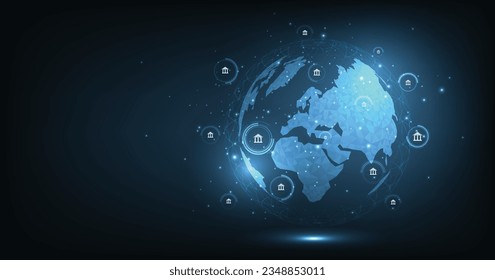 Konzept der Online-Banking-Technologie. Isometrische Abbildung der Bank auf dunkelblauem Hintergrund. Digital Connect System. Konzept der Finanztechnologie. Vektorgrafik. EPS10.	
