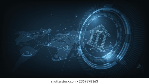 Online banking technology concept. Isometric illustration of the bank on a dark blue background. Digital connect system. Financial technology concept. Vector illustration. EPS 10.	