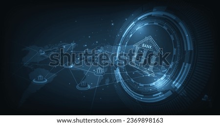 Online banking technology concept. Isometric illustration of the bank on a dark blue background. Digital connect system. Financial technology concept. Vector illustration. EPS 10.	
