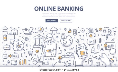 Online banking technology concept. Managing bank account, paying bills and transferring money from card remotely via internet. Doodle illustration for web banners, hero images, printed materials