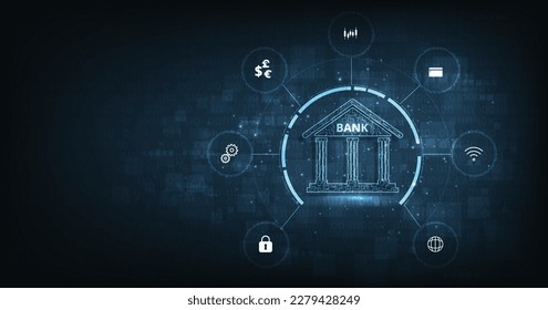 Online banking technology concept.Isometric illustration of the bank on dark blue background. Digital connect system. Financial technology concept.Vector illustration.EPS 10.	