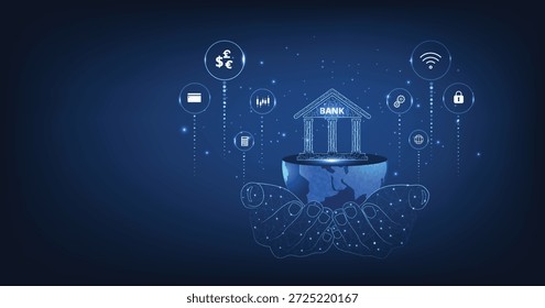 Concepto de tecnología de banca en línea. Ilustración isométrica de banco sobre fondo de globo. Sistema de conexión digital. Concepto de tecnología financiera.