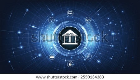 Online banking technology concept.Isometric illustration of bank on electric circuit lines background.Digital connect system.Financial technology concept.Vector illustration.EPS 10.	