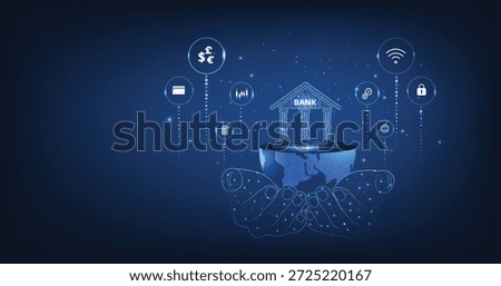 Online banking technology concept.Isometric illustration of bank on globe background. Digital connect system. Financial technology concept.