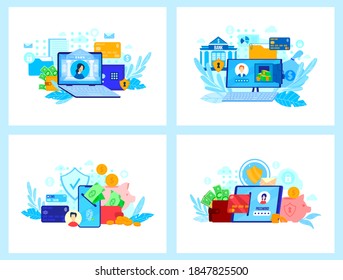 Online banking technology vector illustration. Cartoon flat mobile app for electronic bank payment, transfer money transaction, assistant customer support bank service, security protection deposits