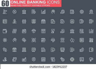 Juego de iconos de línea delgada de banca en línea. Pictogramas de esquema de pago con tarjeta de crédito para la interfaz gráfica de usuario de la aplicación móvil y el sitio web. Servicios financieros interfaz de usuario simple, UX. Envase de iconos de vector lineal perfectos de cuadrícula 48x48 píxeles.