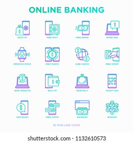 Online Banking Thin Line Icons Set: Deposit App, Money Safety, Internet Bank, Contactless Payment, Credit Card, Online Transaction, Check Balance, Mobile Support, Blockchain. Vector Illustration.