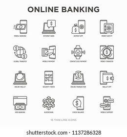 Online Banking Thin Line Icons Set: Deposit App, Money Safety, Internet Bank, Contactless Payment, Credit Card, Online Transaction, Check Balance, Mobile Support, Blockchain. Vector Illustration.