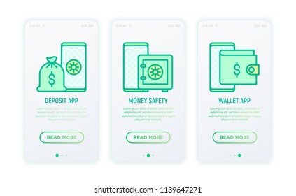 Online banking thin line icons: deposit app, money safety, wallet app. Modern vector illustration for for user mobile app.