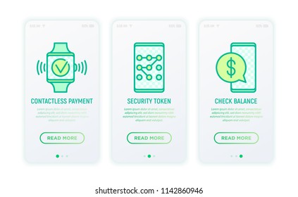 Online banking thin line icons: contactless payment, security token, check balance, online transaction. Modern vector illustration for user mobile app.