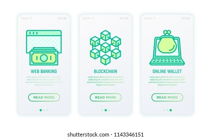Online banking thin line icons: web banking, blockchain, online wallet. Modern vector illustration for user mobile app.
