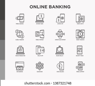 Online Banking Thin Line Icons Set: Deposit App, Money Safety, Internet Bank, Contactless Payment, Credit Card, Online Transaction, Check Balance, Mobile Support, Blockchain. Vector Illustration.