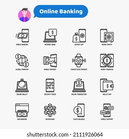 Online banking thin line icons set: deposit app, money safety, internet bank, contactless payment, credit card, online transaction, check balance, mobile support, blockchain. Vector illustration.