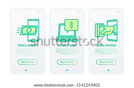 Online banking  thin line icons: mobile banking, internet bank, contactless payment. Modern vector illustration for user mobile app.
