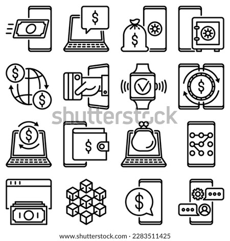 Online banking thin line icons set: deposit app, money safety, internet bank, contactless payment, credit card, online transaction, check balance, mobile support, blockchain. Vector illustration.