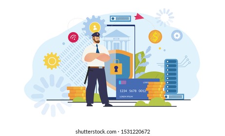 Online Banking Transactions Security, Money Transfer In Internet Defence, Mobile Payments Safety Trendy Flat Vector Concept. Policeman, Bank Guard Protecting Digital Financial Operations Illustration