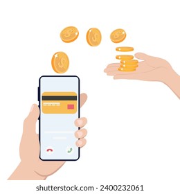Banca en línea. Transferir dinero usando banca móvil. Ilustración del vector de color.