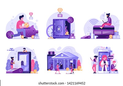 Online Banking UI Flat Illustrations With Money Cashback, Digital Bank Transaction, Mobile Payments, Credit Card And Internet Shopping Concepts For Finance Management Services And Applications.