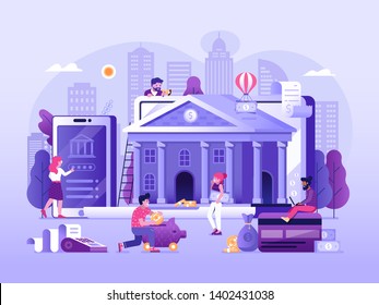 Online Banking UI Illustration With Office People Characters Doing Internet Payments, Transfers And Deposits. Digital Bank Service Fintech Concept In Flat Design. Save Money Technology Processing.