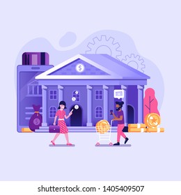 Online banking UI illustration with office people characters doing internet payments, transfers and deposits. Digital bank service fintech concept in flat design. Control money technology processing.