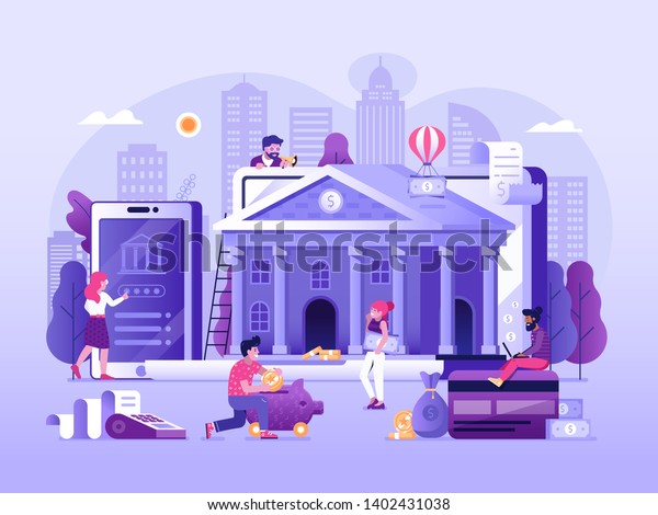 Online banking UI illustration with office\
people characters doing internet payments, transfers and deposits.\
Digital bank service fintech concept in flat design. Save money\
technology processing.
