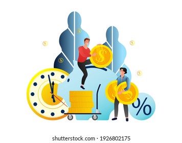 Ilustración de interfaz de usuario de banca en línea. Pequeñas personas con monedas de oro y transformación digital financiera.