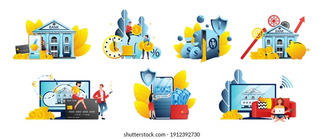 Online banking UI set illustrations. Cashback, digital bank transaction, mobile payments, credit card and internet shopping concepts.