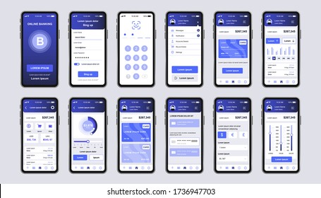 Online banking unique design kit for app. Mobile wallet screens with financial account and transaction confirmation. Financial management UI, UX template set. GUI for responsive mobile application.
