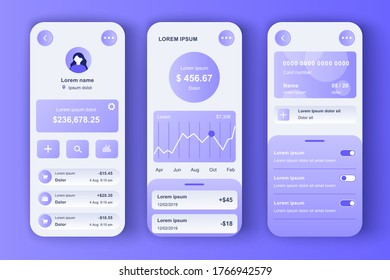 Online banking unique design kit. Smart finance app with manage transactions and view account activities. Financial management UI, UX template set. GUI for responsive mobile application.