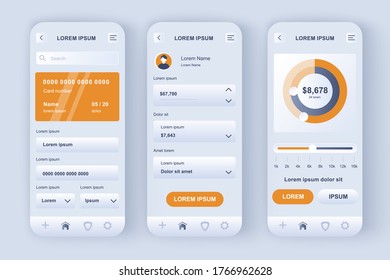 Online banking unique design kit. Personal financial accounting app, money flow analytics, smart investing. Financial management UI, UX template set. GUI for responsive mobile application.