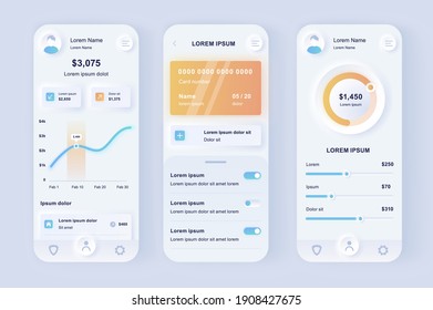 Online banking unique neomorphic design kit. Smart finance application with manage transactions and view account activities. UI UX templates set. Vector illustration of GUI for responsive mobile app.